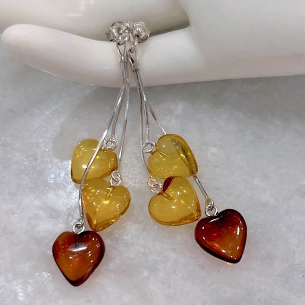 Multicolor Amber Sterling Silver Dangling Heart Earrings